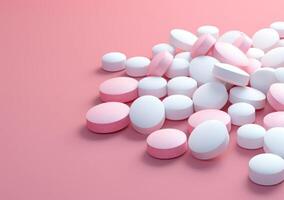 AI Generated Pile Of Medical Pills On Pink Background. Medication, Painkiller, Vitamin. Healthy Lifestyle And Medicine Concept photo