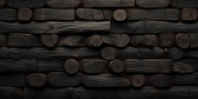 AI Generated Stacked Woodpile Abstract Background. Dark Wood Pile, Wooden Stack. Nature Material Pattern photo