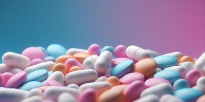 AI Generated Heap Of Colorful Pills And Capsules. Closeup Of Antibiotic, Vitamin, Medical Drugs, Supplement photo