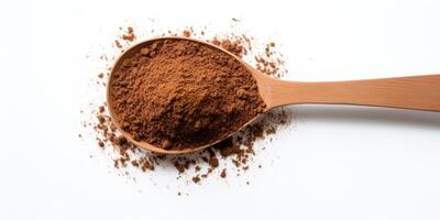 AI Generated Coriander Ground Pile In Wooden Spoon On White Background. Top View Of Aromatic Spice. Organic Seasoning. Cooking Powder, Brown Condiment. photo