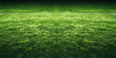 AI Generated Lush Green Soccer Field with White Line and Textured Grass Under Bright Light. Front View of Lawn for Baseball, Soccer, Football or Golf Game. Generative AI photo