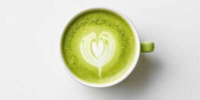 AI Generated Matcha Latte In White Cup. Organic Drink With Hot Milk And Heart Shaped Latte Art. Green Japanese Tea. Top View With Copy Space. photo