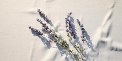 AI Generated Natural Linen Fabric With Purple Flowers. Lavender Bouquet on a White Cloth. Generative AI photo