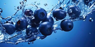 AI Generated Blueberries Splashing in Water with Droplets Against Blue Background. Fresh Ripe Berries. Generative AI photo