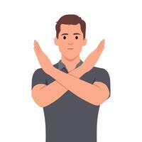 Angry man standing with the crossed arms, no sign. Refuse gesture, negative expression. vector