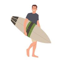 Surfer and his surfboard ready to surf while walking. vector