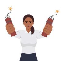 Angry businesswoman holding dynamite in hands threatening to make explosion because of poor performance company employees. Dynamite in hands vector