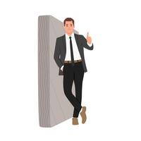 Man in a black suit and tie leaning on wall and showing thumbs up. vector