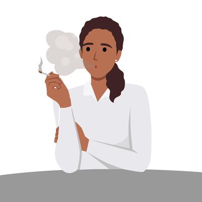 Depressed young woman smoking cigarettes. Concept of tobacco addiction, bad habit, negative behavior. Mental illness.