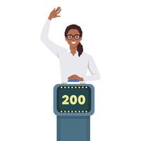 Young woman playing quiz game answering question standing at the stand with button. Girl pressed the buzzer first and raised hand up in the light of spotlight vector