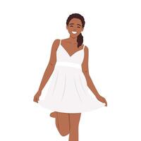 hermosa sonriente hembra modelo en blanco corto vestir vector ilustración Moda mujer vistiendo blanco pijama vestir