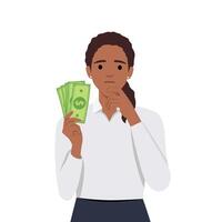 Businesswoman thinking where to go vacation and how invest earned dollars, hold cash and looking up thoughtful. Business, finance, and employment, entrepreneur and money vector