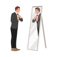 Smiling businessman putting on necktie while looking in the mirror and standing. vector