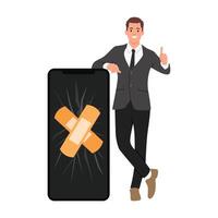 Full length portrait of a repairman leaning on a broken mobile phone with bandage and thumb up vector