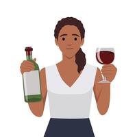 Young happy smiling woman toasting with wine glass and holding bottle of wine, asking people to join her. vector