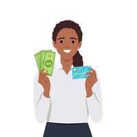 Young woman Woman Holding A Credit Card In One Hand And Cash In The Other vector