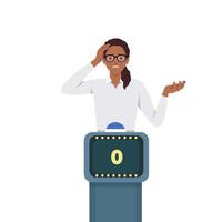 Young woman who is confused, questioning. Want to find answers. People around the question mark. Woman expressions are in a daze and need help vector