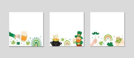 St. Patrick's day frame. Greeting post background for Social media. Holidays square template set. Festive elements flags, shamrocks, beer, rainbow pot of gold, leprechaun. Vector illustration.