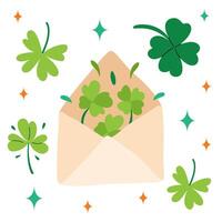 Happy Saint Patricks day shamrock envelope. Festive background with green clover. Square composition for greeting card, social media, invitation, web banner, posters. Vector flat illustration.