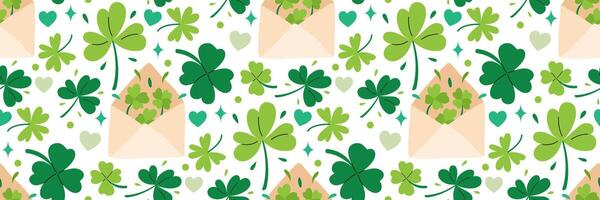 St. Patrick's Day shamrock background. green clover and festive envelope seamless pattern. Perfect for wallpaper, greeting cards, wrapping paper, holiday design. Vector flat illustration.