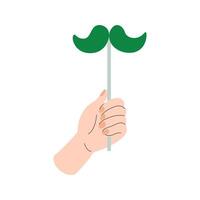 Happy Saint Patrick's day element. Photo Booth Party Props. Green mustache icon in hands. Festive elements for greeting card, invitation, web banner, posters. Vector flat illustration.