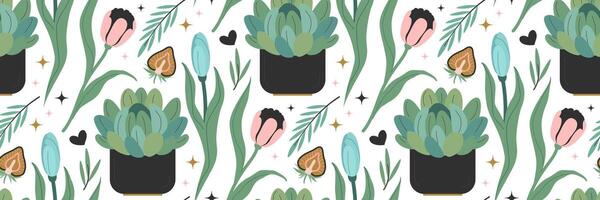 Seamless floral pattern with flowers and leaves, tulips, succulent. Spring background. Floral print for your design, clothes, wrapping paper, packaging. Vector flat illustration.