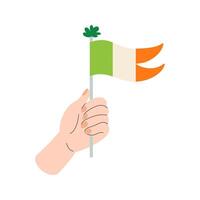 Human hand with flag of Ireland. Vector flat illustration for the holidays. Happy Saint Patricks day. Festive elements for greeting card, invitation, web banner, posters.