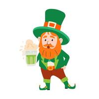 Happy Saint Patricks day. Funny Leprechaun in green hat with beer. Cute cartoon character. Red beard. Vector illustration for greeting card, invitation, web banner, posters.