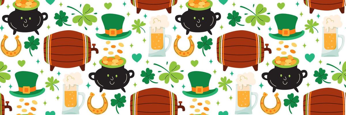 St. Patricks Day pattern. Background with Festive elements. Barrel of beer, green hat, shamrock, lucky, pot of gold. For wallpaper, greeting cards, wrapping paper, holiday design. Vector illustration.