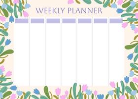 Weekly Planner Template. Organizer and Schedule with Notes and To Do List. Spring floral pattern. Background for notes. Cute school schedule is for 7 days design template. Vector flat illustration.