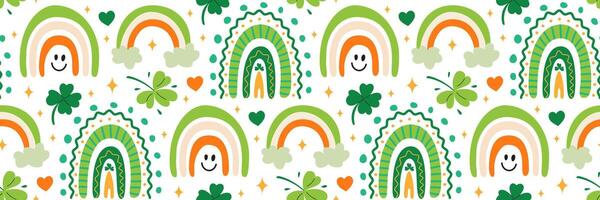 St. Patricks Day rainbow and shamrock seamless pattern. Irish Green festive background. Hand drawn clever and rainbow. Ethnic stile for greeting cards, wrapping paper, design. Vector flat illustration