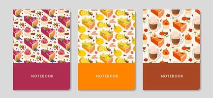 Cover design with sweet pastries pattern set. Lemon, berry, pumpkin pie slice templates. Hand-drawn cake, cappuccino and spices. It can be used for invitation, card, notebook. Vector flat illustration