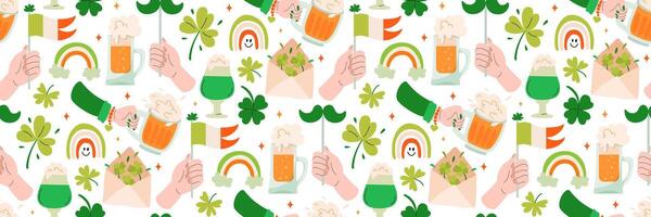 St. Patricks Day seamless pattern. Background with Festive elements. Beer in hand, Irish flag, shamrock. For wallpaper, greeting cards, wrapping paper, holiday design. Vector flat illustration.