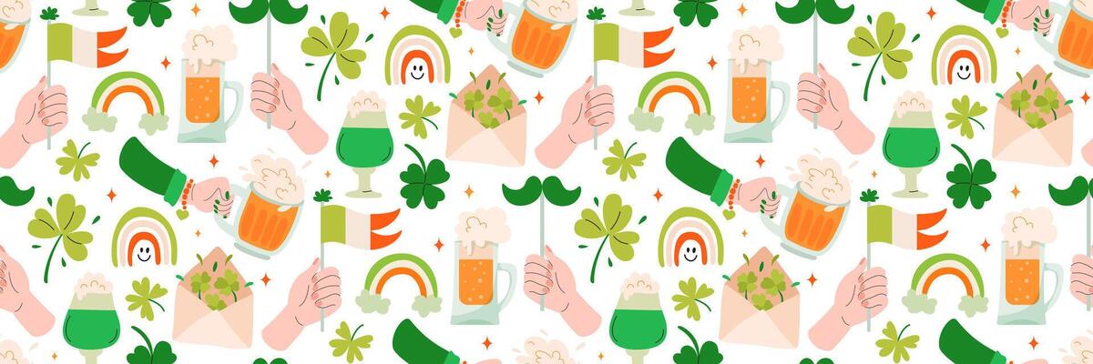 St. Patricks Day seamless pattern. Background with Festive elements. Beer in hand, Irish flag, shamrock. For wallpaper, greeting cards, wrapping paper, holiday design. Vector flat illustration.
