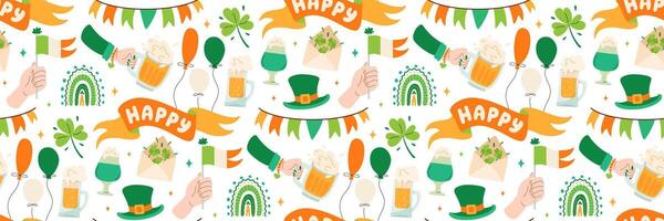 St. Patricks Day seamless pattern. Background with Festive elements. Ribbon banners with Groovy title. Beer in hand, garland of flags. For wallpaper, wrapping paper, holiday. Vector flat illustration.