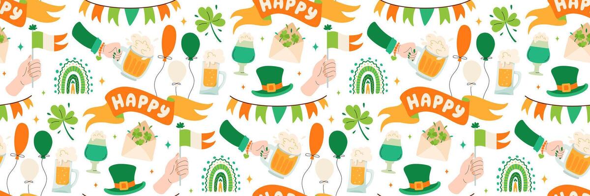 St. Patricks Day seamless pattern. Background with Festive elements. Ribbon banners with Groovy title. Beer in hand, garland of flags. For wallpaper, wrapping paper, holiday. Vector flat illustration.
