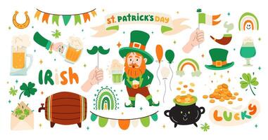 Set of St. Patricks Day elements. Hand drawn collection of icons. Holiday Irish stickers set. Leprechaun in green hat. Red beard, flags, shamrocks, beer, rainbow pot of gold, barrel of beer. Vector. vector