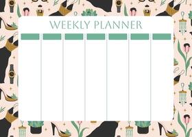 Weekly planner with fashion women's accessories. Beauty and makeup seamless pattern background for notes. Cute lifestyle planner is for 7 days. Schedule design template. Vector illustration.