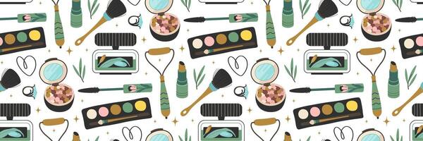 Seamless pattern with decorative cosmetics. Beauty and makeup icons and body care set. Perfumes, eye shadow, mascara, powder, blush, brushes. Vector illustration for backgrounds and packaging, shops.