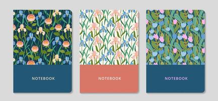 Cover design with floral pattern set. Universal abstract and floral templates. Spring backgrounds. Irises Trendy botanical arts. It can be used for invitation, card, notebook. Vector flat illustration