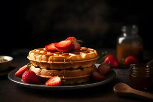 AI generated Appetizing waffles with strawberries. Neural network AI generated photo