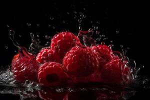 AI generated Raspberries and water splash on dark background. Neural network AI generated photo