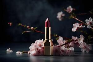 AI generated Red lipstick and flowers on a dark background. Neural network AI generated photo