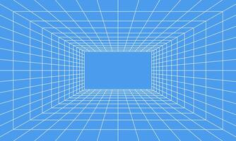 Grid room in perspective in 3d style. Indoor wireframe from white laser beam on  blue background, digital empty box. Abstract geometric design vector