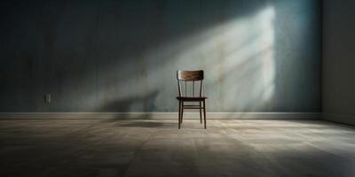 AI Generated One Chair In Dark Empty Room, Sunlight From Window On Wall Background. Loneliness Concept. Old Wooden Furniture. Generative AI photo