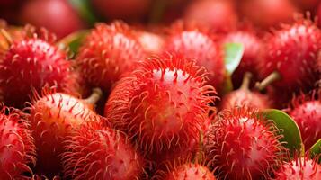 AI generated Ripe rambutan fruit filled background photo