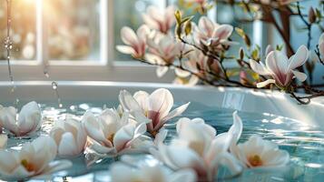 AI generated Bathtub filled with water with magnolia flowers photo