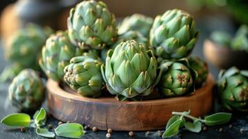 AI generated Artichoke in wooden bowl photo