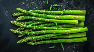 AI generated Green juicy pods of asparagus on a board photo