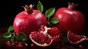 AI generated Ripe juicy pomegranates, whole and broken photo